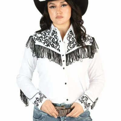 Blusa Estilo Western Bordada Blanca con Flecos para Mujer
